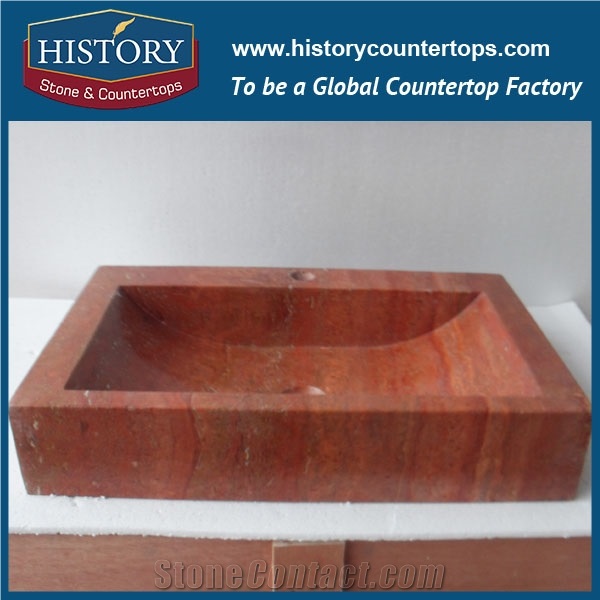 2017 Popular Elegant Hotel Design Bali Stone Sinks, China Authoritative Suppier Rectangle Non Toxic Seamless Smooth Red Travertine Handwashing Bowls