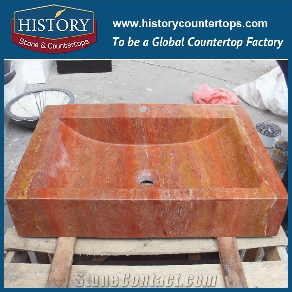 2017 Popular Elegant Hotel Design Bali Stone Sinks, China Authoritative Suppier Rectangle Non Toxic Seamless Smooth Red Travertine Handwashing Bowls