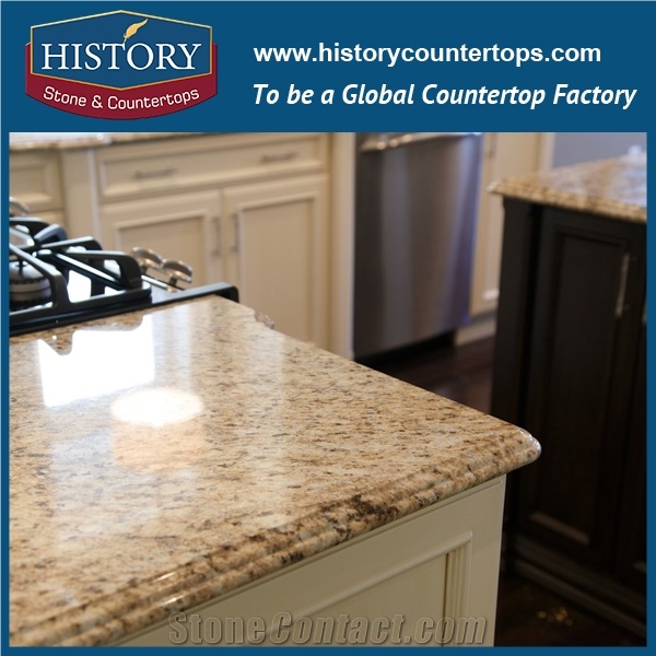 Brazil Yellow Color Polished Giallo Ornamental Granite Countertop, Solid Surface Kitchen Worktops, Custom Tops, Island Tops with Cuotomized Edges for Multi-Family and Apartment Project
