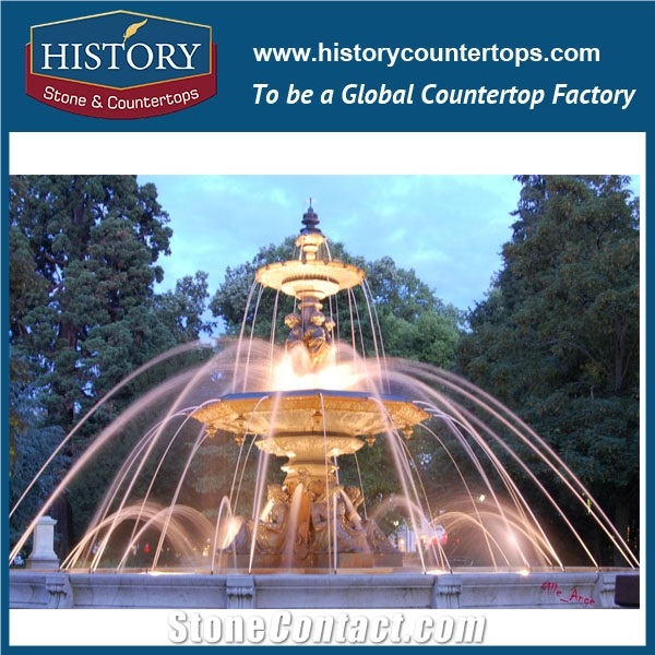 China Fountain Used Water Fountain for Sale, Yellow Granite Deft Design Large Light Fountain Waterfall Carved Man Statues for Park Decoration