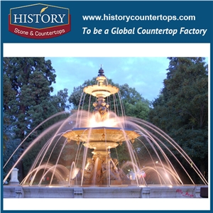 China Fountain Used Water Fountain for Sale, Yellow Granite Deft Design Large Light Fountain Waterfall Carved Man Statues for Park Decoration