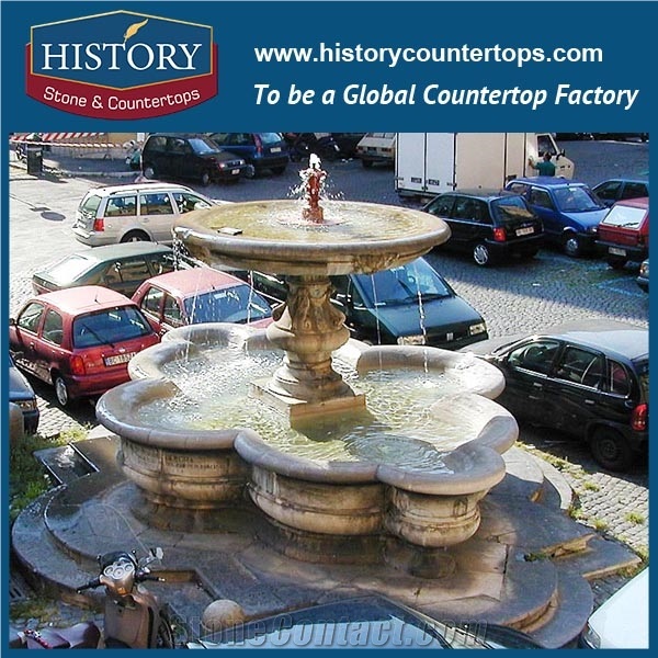 China Fountain Used Water Fountain for Sale, Yellow Granite Deft Design Large Light Fountain Waterfall Carved Man Statues for Park Decoration