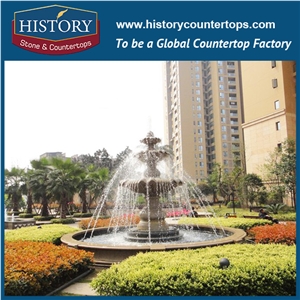 China Fountain Used Water Fountain for Sale, Yellow Granite Deft Design Large Light Fountain Waterfall Carved Man Statues for Park Decoration