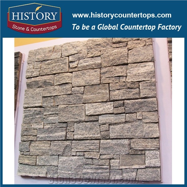 China Golden Natural Surface Granite Cultured Stone for Interlocking Exposed Decorative Wall Cladding Panels, Backside Covering
