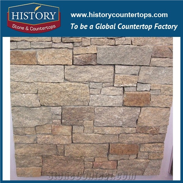 China Golden Natural Surface Granite Cultured Stone for Interlocking Exposed Decorative Wall Cladding Panels, Backside Covering