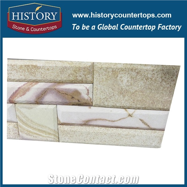 China Golden Natural Surface Sandstone Cultured Stone for Interlocking Exposed Decorative Wall Cladding Panels, Backside Covering