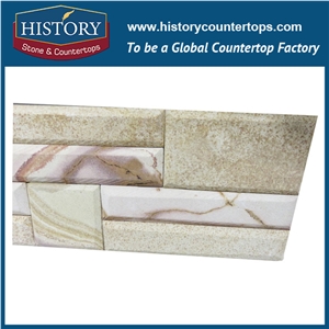 China Golden Natural Surface Sandstone Cultured Stone for Interlocking Exposed Decorative Wall Cladding Panels, Backside Covering