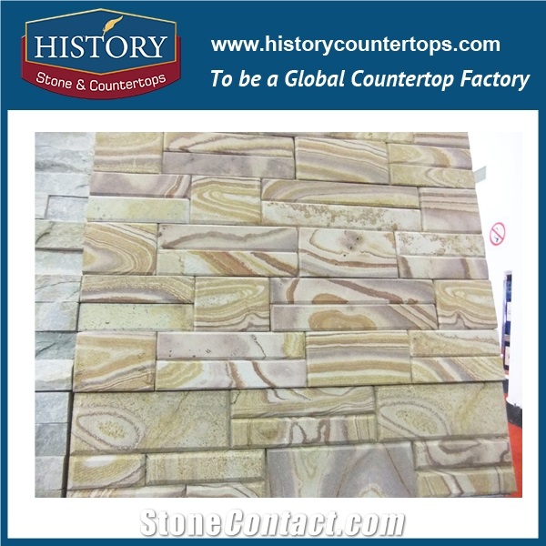 China Golden Natural Surface Sandstone Cultured Stone for Interlocking Exposed Decorative Wall Cladding Panels, Backside Covering