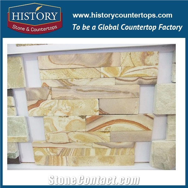 China Golden Natural Surface Sandstone Cultured Stone for Interlocking Exposed Decorative Wall Cladding Panels, Backside Covering
