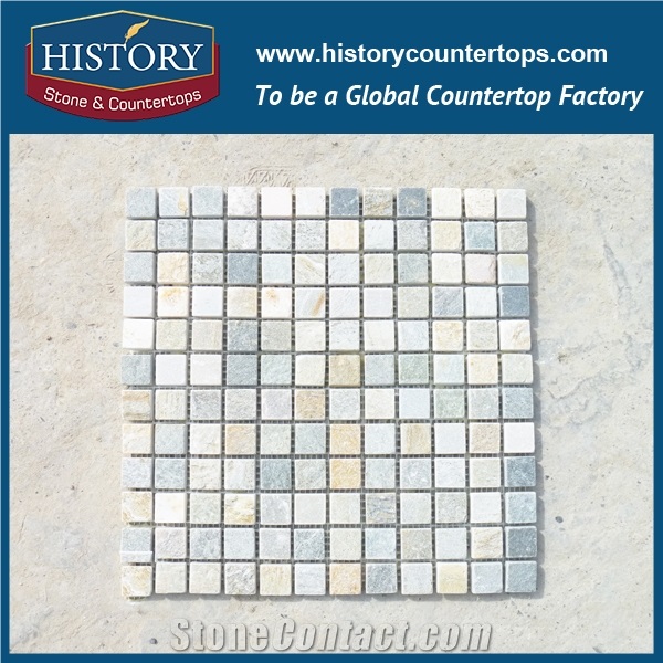 China History Stone Light Green Square and Rectangle Joint Pattern Slate Stone Mosaic Wall Covering, Floor Paving