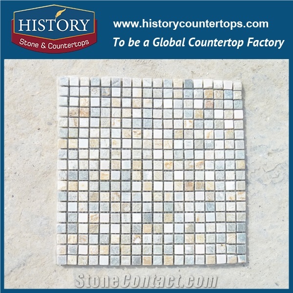 China History Stone Light Green Square and Rectangle Joint Pattern Slate Stone Mosaic Wall Covering, Floor Paving