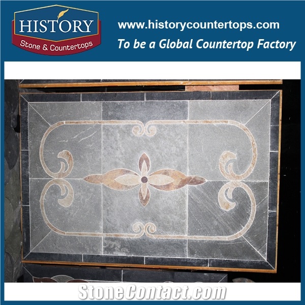 Chinese History Stone Water Jet Flower Pattern Grey Polished Slate Stone, Mosaic Medallion Paving Stone for Landscaping Floor