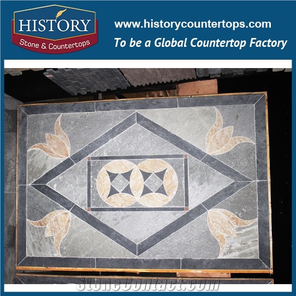 Chinese History Stone Water Jet Flower Pattern Grey Polished Slate Stone, Mosaic Medallion Paving Stone for Landscaping Floor