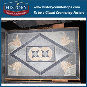 Chinese History Stone Water Jet Flower Pattern Grey Polished Slate Stone, Mosaic Medallion Paving Stone for Landscaping Floor