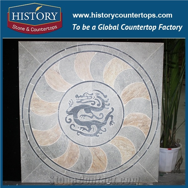 Chinese History Stone Water Jet Flower Pattern Grey Polished Slate Stone, Mosaic Medallion Paving Stone for Landscaping Floor