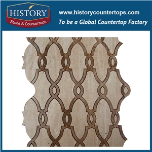 Cnc Water Jet Cutter Pipes White and Noche Travertine Lantern Shaped Arabesque Pattern Mosaic Tiles for Sale, Inlay Decorative Wall & Flooring Mosaic