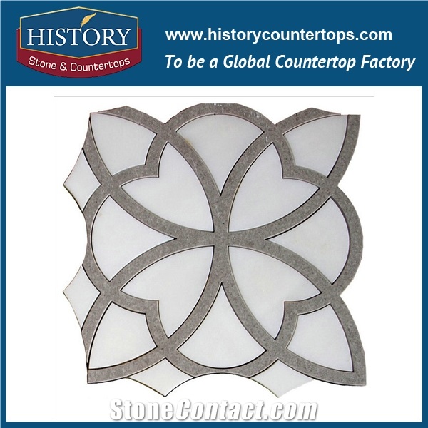 Cnc Water Jet Cutting China Jade White Marble and Cinderella Flower Pattern Mosaic Flooring Tiles for Interior Decoration, Floor & Wall Stone Mosaic