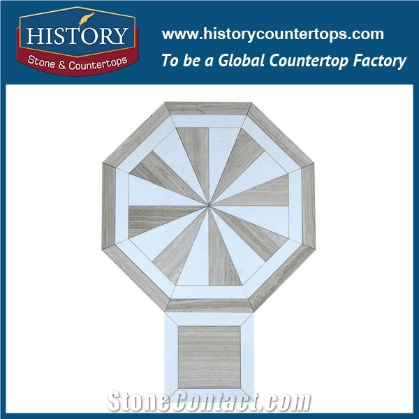 Cnc Water Jet Cutting White Thassos, Grey Wood Vein Marble Hexagon Pattern Mosaic Artistic Tiles for Sale, Inlay Decorative Wall & Flooring Mosaic