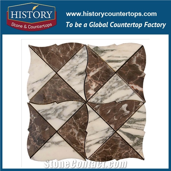 Coloured Grey and Portoro Gold Marble Lantern Shaped Arabesque Water Cutting Machines Natural Stone Mosaic Tiles for Kitchen Backsplash and Wall