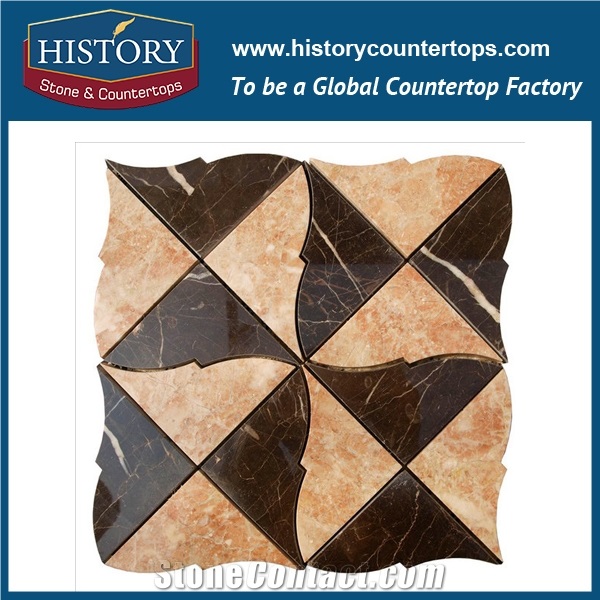 Coloured Grey and Portoro Gold Marble Lantern Shaped Arabesque Water Cutting Machines Natural Stone Mosaic Tiles for Kitchen Backsplash and Wall