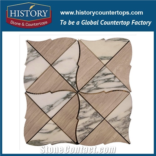 Coloured Grey and Portoro Gold Marble Lantern Shaped Arabesque Water Cutting Machines Natural Stone Mosaic Tiles for Kitchen Backsplash and Wall
