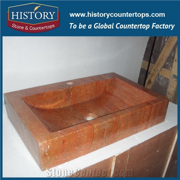 Contemporary Rectangular Wall Mounted Sink, Customized Widely Used Cheap Best Quality Outdoor Stone Red Travertine Bathroom Basin Sink