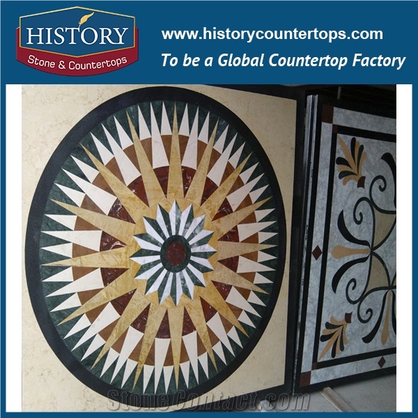 Cream Marfil Beige, Green and Black Marble Designs, Water Jet Cut Best Mosaic Tiles, Video Wall, Hotel Lobby Floor Inlay Round Metal Medallions