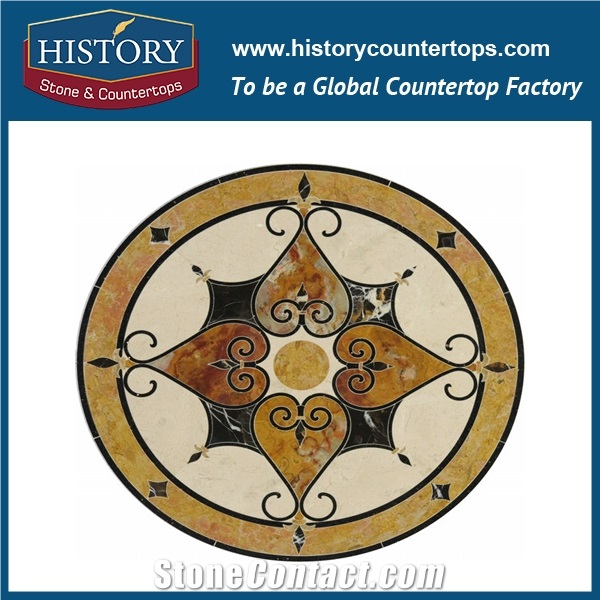 Cream Marfil Beige, Green and Black Marble Designs, Water Jet Cut Best Mosaic Tiles, Video Wall, Hotel Lobby Floor Inlay Round Metal Medallions