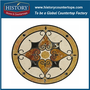 Cream Marfil Beige, Green and Black Marble Designs, Water Jet Cut Best Mosaic Tiles, Video Wall, Hotel Lobby Floor Inlay Round Metal Medallions