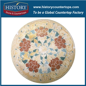 Cream Marfil Beige Red Green Blue Multicolor Marble, Water Jet Cutting Mosaic Tiles, Round Poney Flower Luxury Designs Natural Stone Medallions