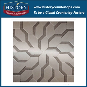Decorative Natural White Marble Stone and Cinderella Hexagon Pattern Flow Water Jet Cutting Pipes Bathroom Wall Kitchen Inlay Custom Made Mosaic Tiles