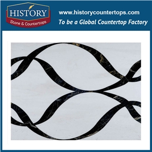 Flow Water Jet Cut White Thassos and Black Naturtal Marble Wave Pattern Best Mosaic Backsplash Tiles Arts, Decorative Flooring & Wall Stone Mosaic