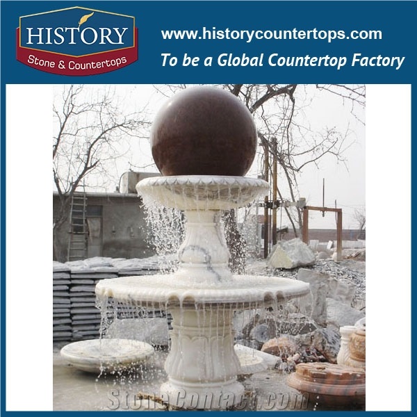 Fountain from Quanzhou Factory, White Marble Two-Tiered Rolling Red Ball Fountain for Garden, Square, Villa, Marble Decorative Water Fountains