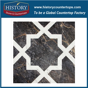 Gold Blue, White Jade Natural Marble Stone Designs, Water Jet Cutting Octagon and Square Pattern Mosaic Tiles Inlay Flooring Wall Decorative Mosaic