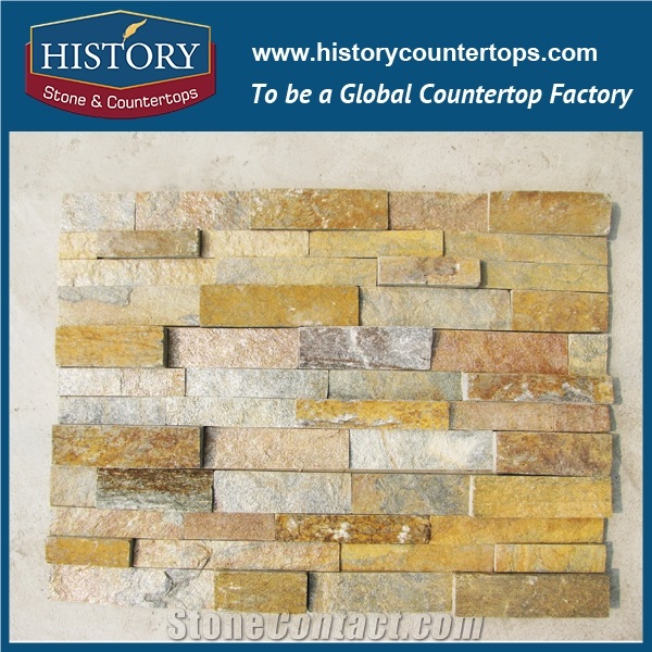 Golden Quartzite Wall Decoration Irregular Pattern Culture Stone, Wall Cladding Ledge Stone
