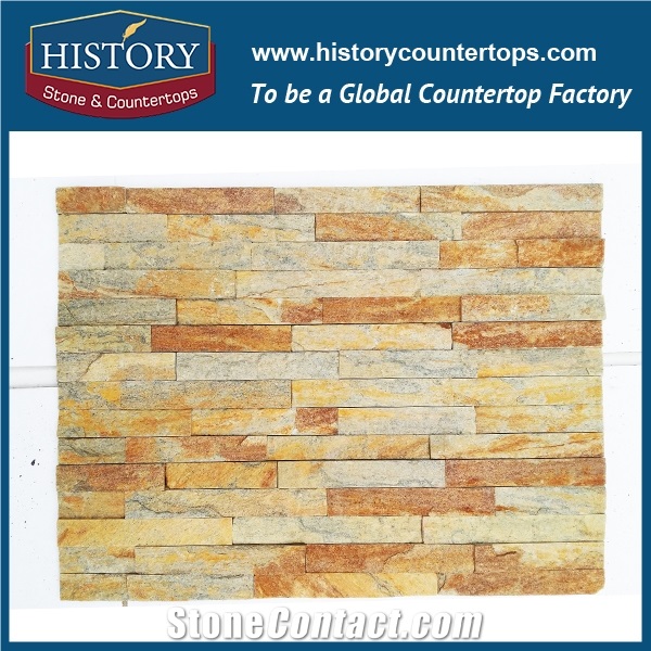 Golden Quartzite Wall Decoration Irregular Pattern Culture Stone, Wall Cladding Ledge Stone