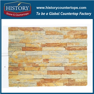Golden Quartzite Wall Decoration Irregular Pattern Culture Stone, Wall Cladding Ledge Stone