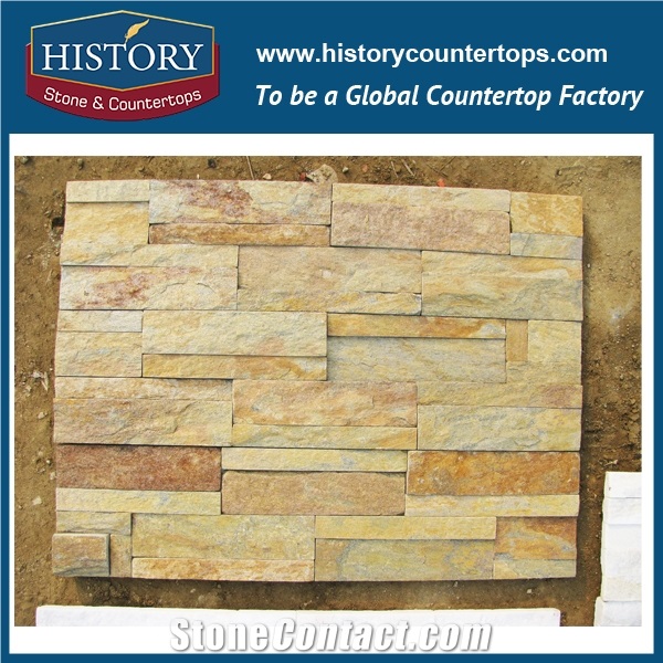Golden Quartzite Wall Decoration Irregular Pattern Culture Stone, Wall Cladding Ledge Stone