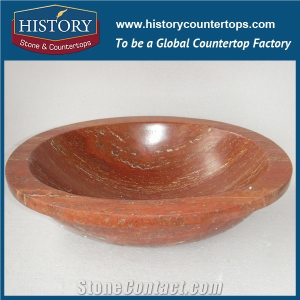 Hand Carved Modern Design Home Used Natural Red Travertine Stone Oval Shape Sanitary Ware Wash Basin Sink, Single Hand Sinks for Compact Bathrooms