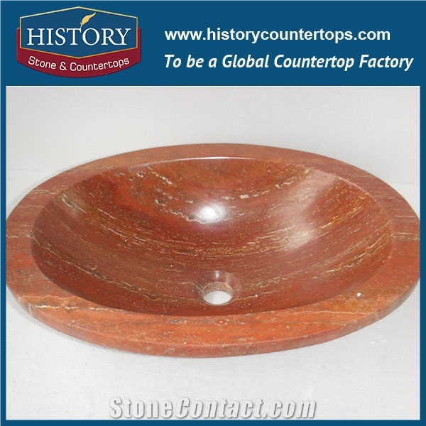 Hand Carved Modern Design Home Used Natural Red Travertine Stone Oval Shape Sanitary Ware Wash Basin Sink, Single Hand Sinks for Compact Bathrooms