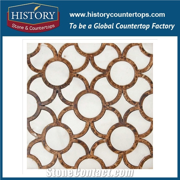 High Pressure Water Jet Cutter Machines White Marble and Dark Emperador Flower Pattern Bathroom, Kitchen Stone Mosaic Tiles, Flooring & Wall Mosaic