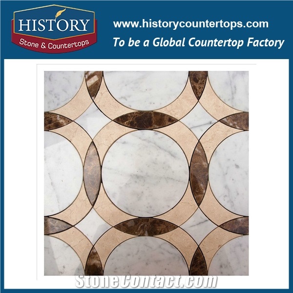 High Pressure Water Jet Cutter Machines White Marble and Dark Emperador Flower Pattern Bathroom, Kitchen Stone Mosaic Tiles, Flooring & Wall Mosaic