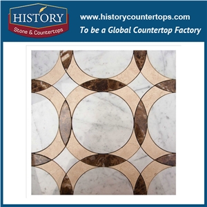 High Pressure Water Jet Cutter Machines White Marble and Dark Emperador Flower Pattern Bathroom, Kitchen Stone Mosaic Tiles, Flooring & Wall Mosaic
