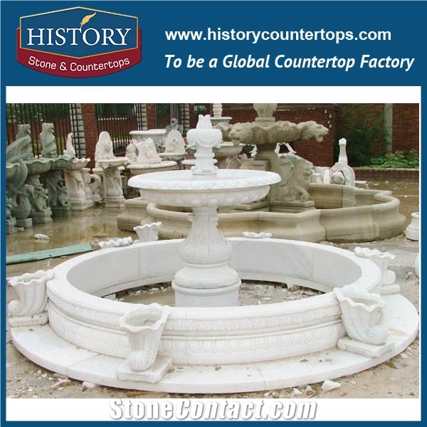 History Stone Aesthetic Appearance with Factory Price, Advanced Design White Marble Disk Pool with Carved Vase Two Tiers Fountain for Landscaping Ornament, Decorative Garden Water Fountain