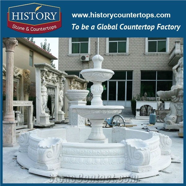 History Stone Aesthetic Appearance with Factory Price, Advanced Design White Marble Disk Pool with Carved Vase Two Tiers Fountain for Landscaping Ornament, Decorative Garden Water Fountain