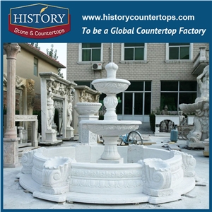 History Stone Aesthetic Appearance with Factory Price, Advanced Design White Marble Disk Pool with Carved Vase Two Tiers Fountain for Landscaping Ornament, Decorative Garden Water Fountain