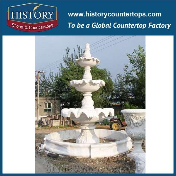 History Stone Aesthetic Appearance with Factory Price, Advanced Design White Marble Disk Pool with Carved Vase Two Tiers Fountain for Landscaping Ornament, Decorative Garden Water Fountain