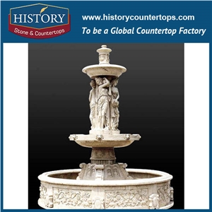 History Stone Attractive and Durable Fountain, Yellow Granite New Designs Carved Floral Base Fountain with Holding Jar Standing Woman for Park Decoration, Decorative Exterior Stone Fountain