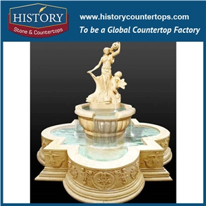 History Stone Attractive and Durable Fountain, Yellow Granite New Designs Carved Petal Shaped Pool Fountain with Standing Woman and Child for Park Decoration, Decorative Exterior Stone Fountain