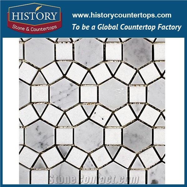 History Stone Beautiful Design Cheap Price, Bianco Carrara White and Black Marble Hexagon Mosaic Tile for Kitchen Backsplash and Tv Background Wall, Decorative Mixed Color Marble Mosaic